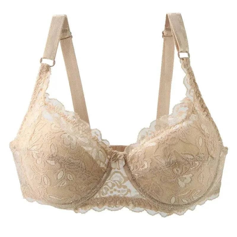 New Sexy Lace Bras: Unlined Full Cup Plus Size Lingerie with Push-Up Underwear - Beige / 75E