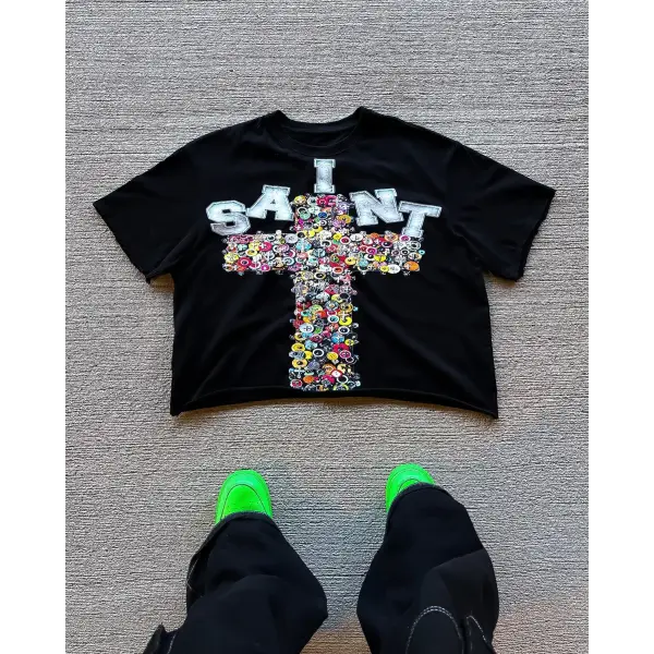 New Streetwear Men Women Harajuku Vintage Cross Graphic Print Oversized T Shirt Goth Casual Cotton Drop Sleeve Short