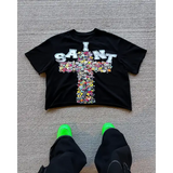 New Streetwear Men Women Harajuku Vintage Cross Graphic Print Oversized T Shirt Goth Casual Cotton Drop Sleeve Short