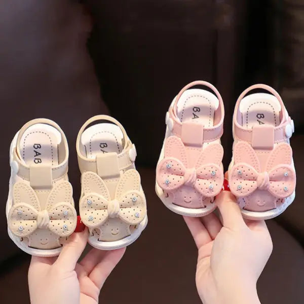 Baby Girl Bow Rhinestone Sandals – Non-Slip Soft-Soled Covered Toe Shoes for 0–3 Years