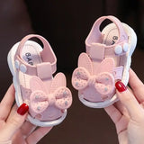 Baby Girl Bow Rhinestone Sandals – Non-Slip Soft-Soled Covered Toe Shoes for 0–3 Years