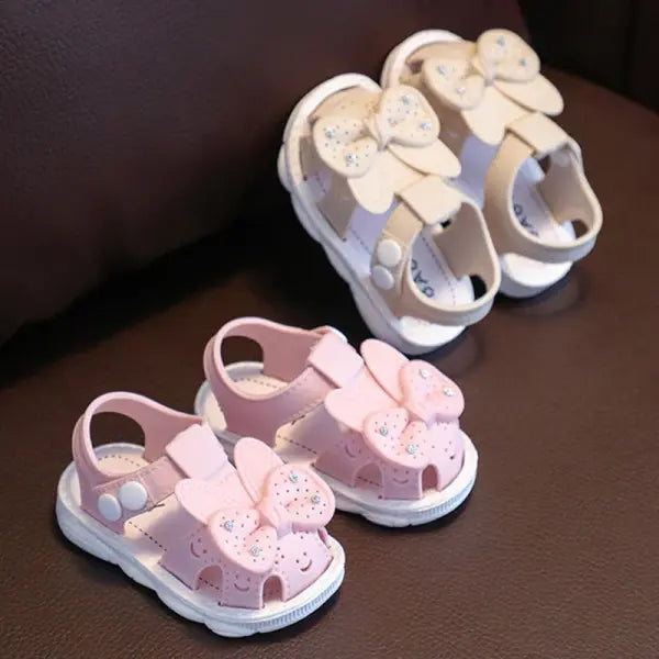 Baby Girl Bow Rhinestone Sandals – Non-Slip Soft-Soled Covered Toe Shoes for 0–3 Years