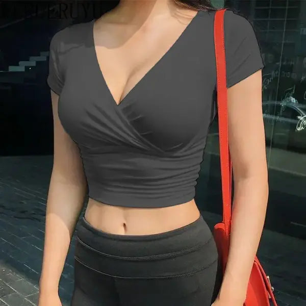 New Summer Black Sexy V-neck T-shirt Short Sleeve Y2k Crop Top Women Clothes Streetwear Korean Fashion Corset Tops
