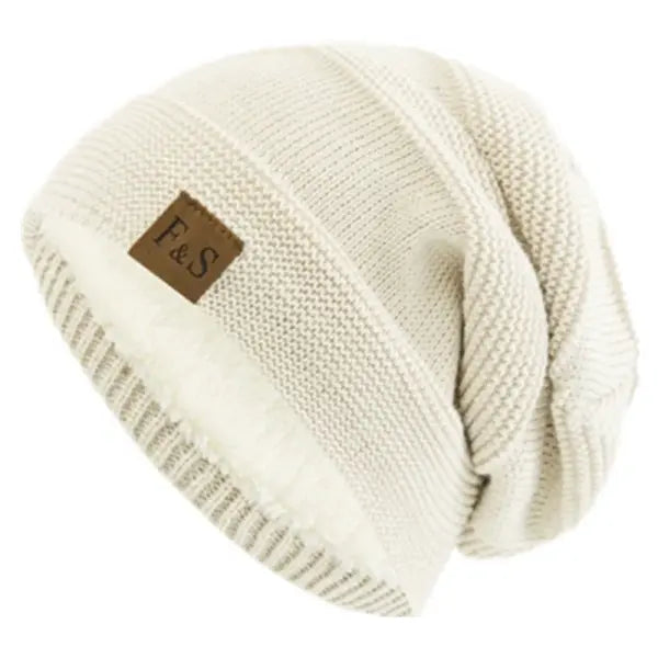 Unisex winter beanie acrylic knit fur lined warm cold weather - White / 56cm-60cm