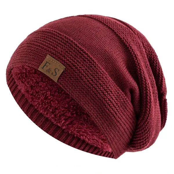 Unisex winter beanie acrylic knit fur lined warm cold weather - Red / 56cm-60cm