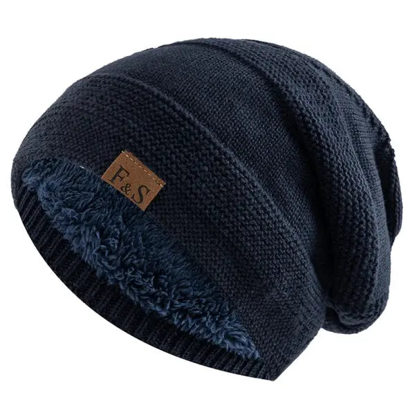 Unisex winter beanie acrylic knit fur lined warm cold weather - Navy Blue / 56cm-60cm