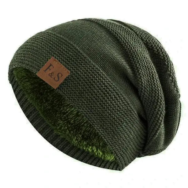 Unisex winter beanie acrylic knit fur lined warm cold weather - Army Green / 56cm-60cm