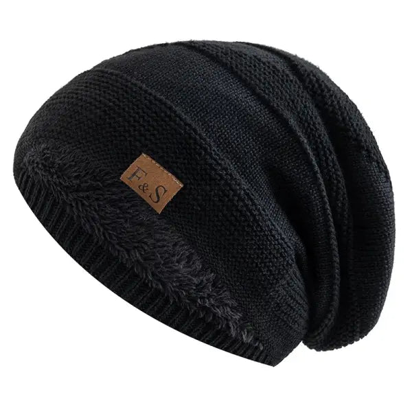 Unisex winter beanie acrylic knit fur lined warm cold weather - Black / 56cm-60cm