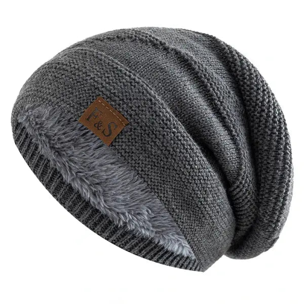 Unisex winter beanie acrylic knit fur lined warm cold weather - Grey / 56cm-60cm