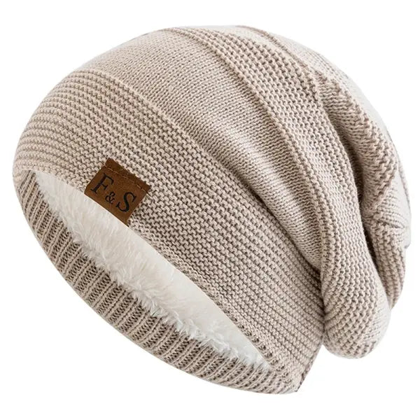 Unisex winter beanie acrylic knit fur lined warm cold weather - Beige / 56cm-60cm