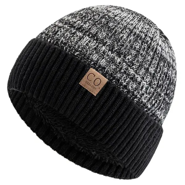 Unisex Winter Hats Add Fur Lined Knit Beanie Capsule - Black Light Grey / 56cm-60cm