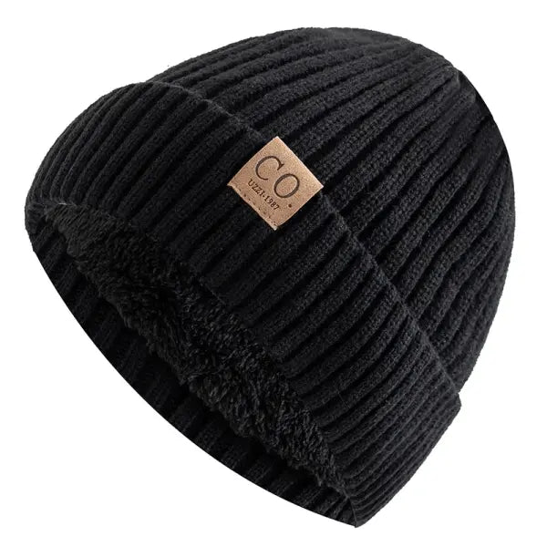 Unisex Winter Hats Add Fur Lined Knit Beanie Capsule - Black / 56cm-60cm