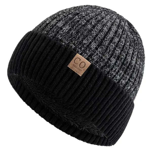 Unisex Winter Hats Add Fur Lined Knit Beanie Capsule - Black Dark Grey / 56cm-60cm