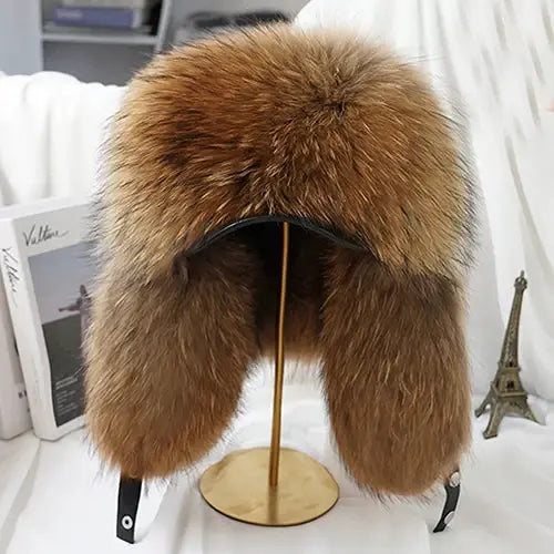 Men’s Winter Real Silver Fox Fur Bomber Hat – Raccoon Fur Ushanka Trapper Cap with Genuine Leather - raccoon fur 2