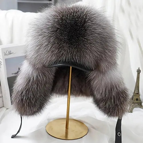 New Winter Men’s 100% Real Silver Fox Fur Bomber Hat Raccoon Fur Ushanka Cap Trapper Russian Man Ski Hats Caps Real