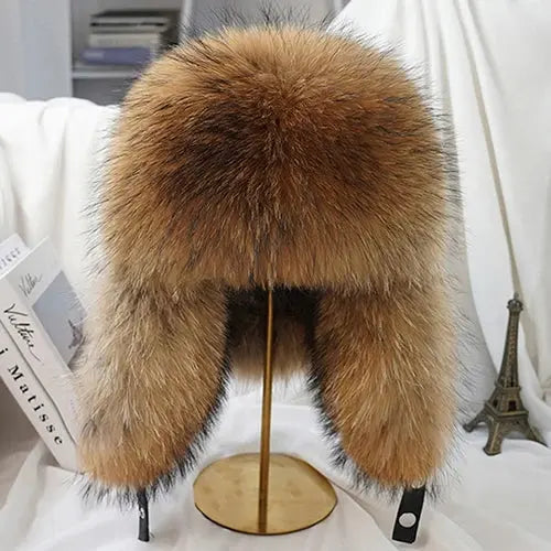 Men’s Winter Real Silver Fox Fur Bomber Hat – Raccoon Fur Ushanka Trapper Cap with Genuine Leather - raccoon fur 1
