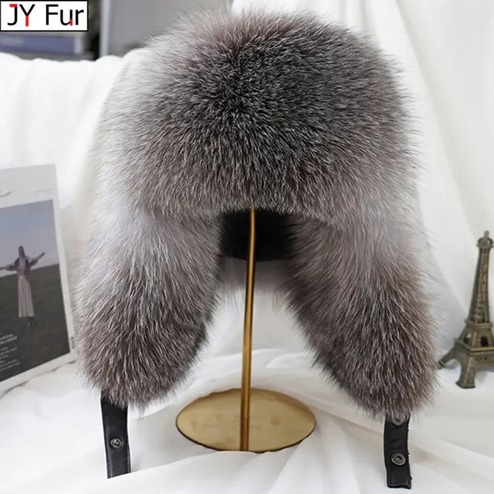 New Winter Men’s 100% Real Silver Fox Fur Bomber Hat Raccoon Fur Ushanka Cap Trapper Russian Man Ski Hats Caps Real