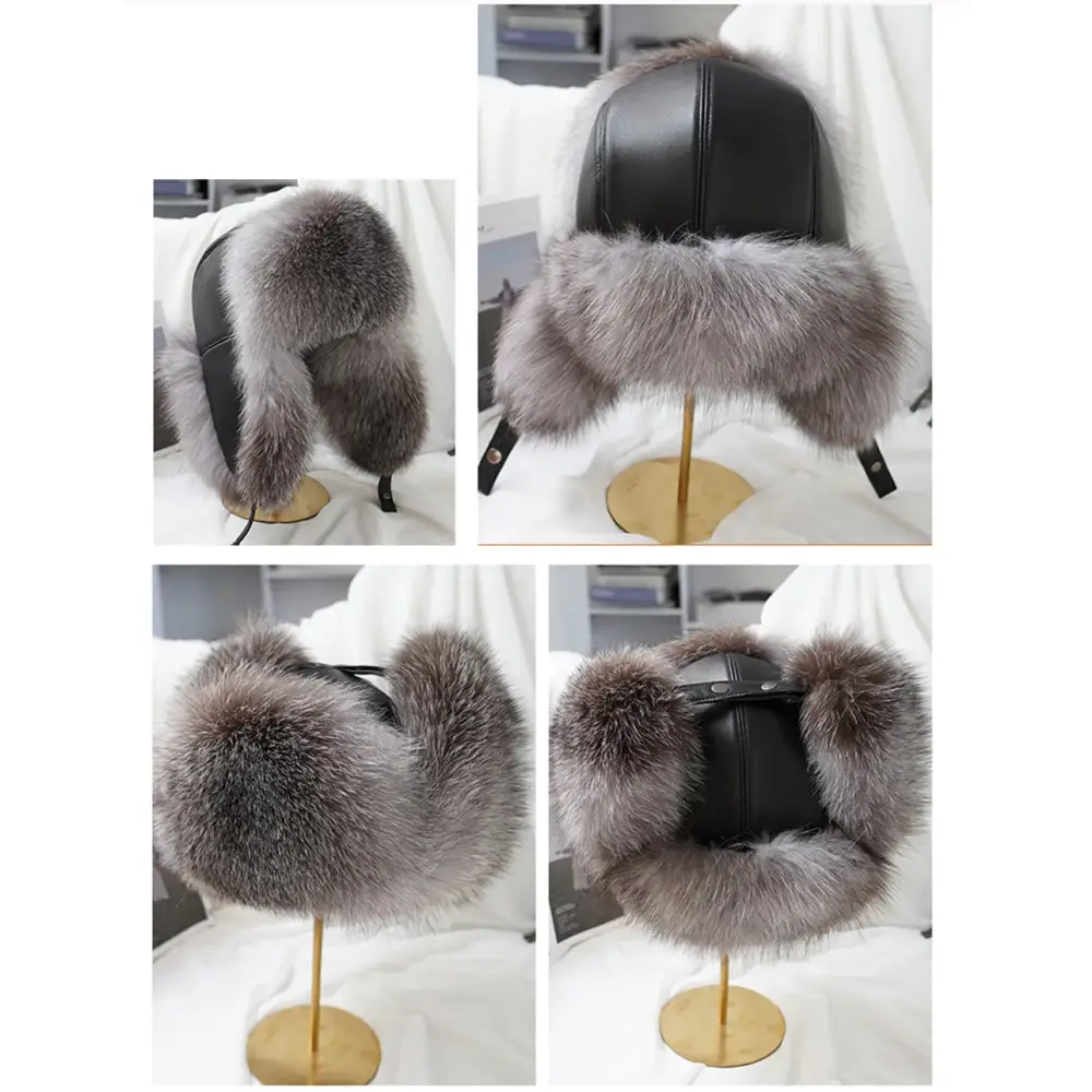 New Winter Men’s 100% Real Silver Fox Fur Bomber Hat Raccoon Fur Ushanka Cap Trapper Russian Man Ski Hats Caps Real