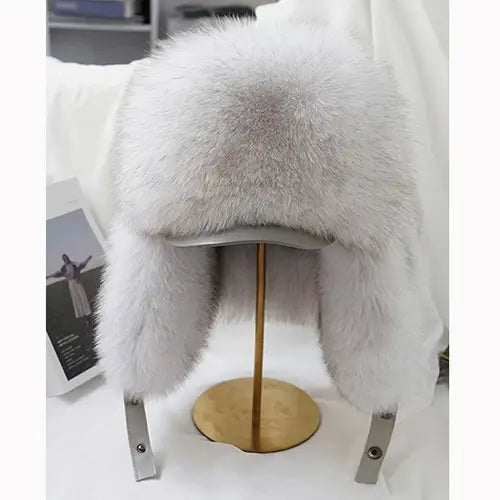 Men’s Winter Real Silver Fox Fur Bomber Hat – Raccoon Fur Ushanka Trapper Cap with Genuine Leather - natural fox white