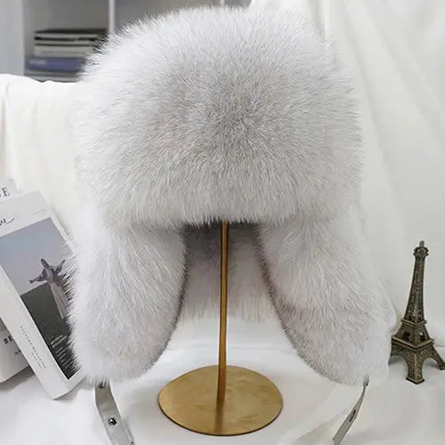 Men’s Winter Real Silver Fox Fur Bomber Hat – Raccoon Fur Ushanka Trapper Cap with Genuine Leather - natural fox white