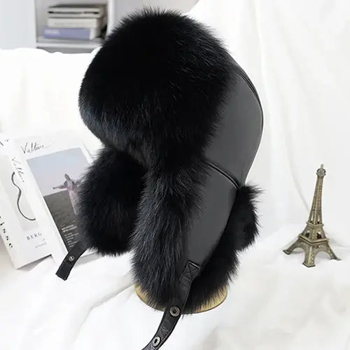 Men’s Winter Real Silver Fox Fur Bomber Hat – Raccoon Fur Ushanka Trapper Cap with Genuine Leather - black 1 / 60cm-61cm