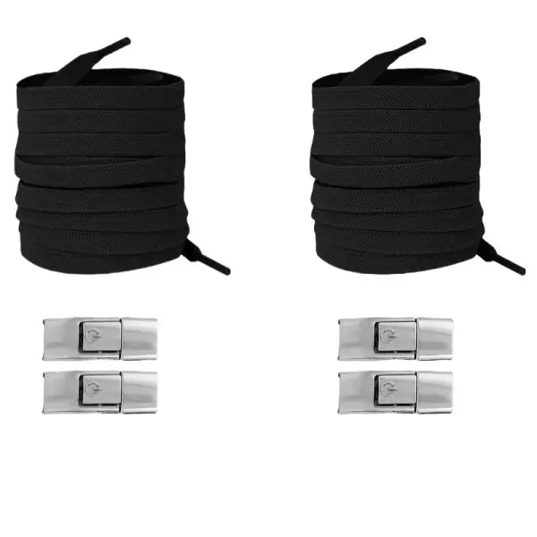 Elastic 8mm Widened Flat Press Lock Shoelaces for Sneakers - black silver 2pairs