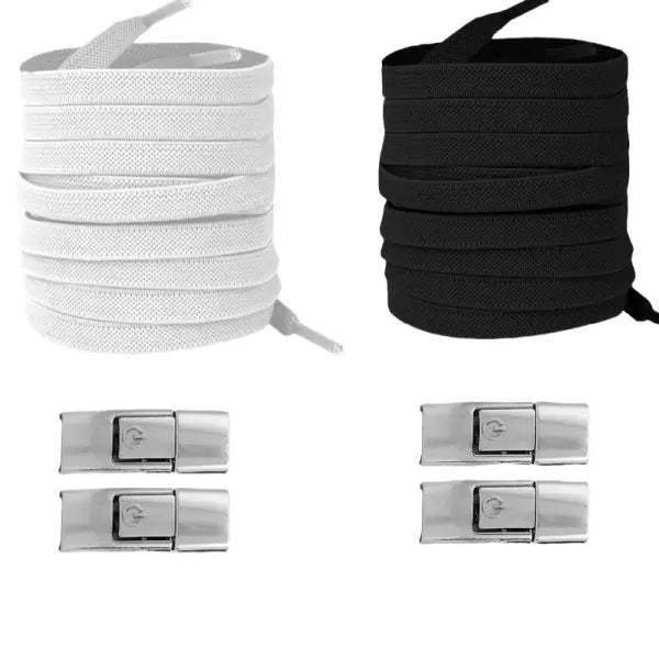 Elastic 8mm Widened Flat Press Lock Shoelaces for Sneakers - white black 2pairs 1