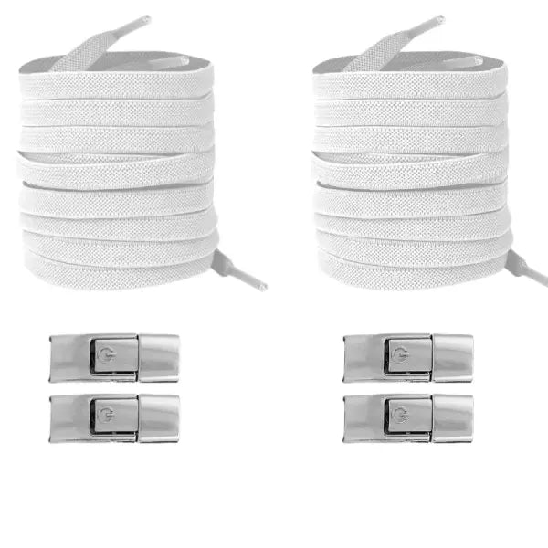 Elastic 8mm Widened Flat Press Lock Shoelaces for Sneakers - white silver 2pairs
