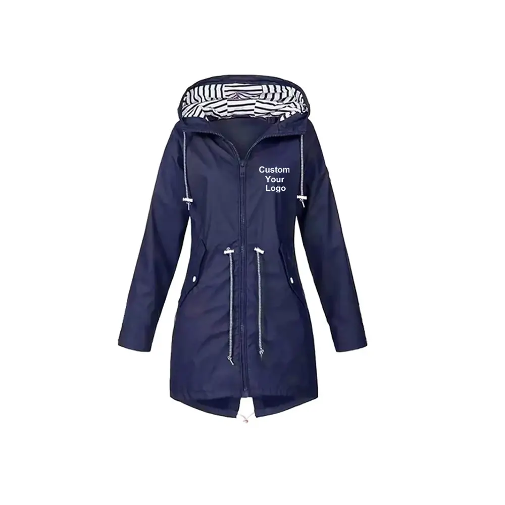 New Women Custom Your Logo Windproof Waterproof Jacket Long Sleeve Coat Casual Rain Coat Sunset Raincoat - Navy Blue