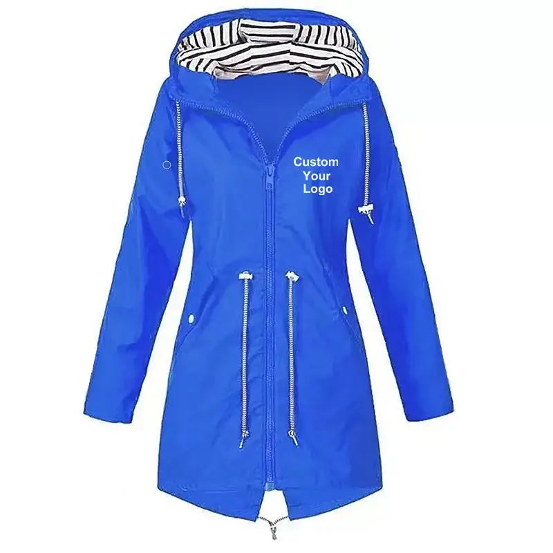 New Women Custom Your Logo Windproof Waterproof Jacket Long Sleeve Coat Casual Rain Coat Sunset Raincoat - Blue / XXL