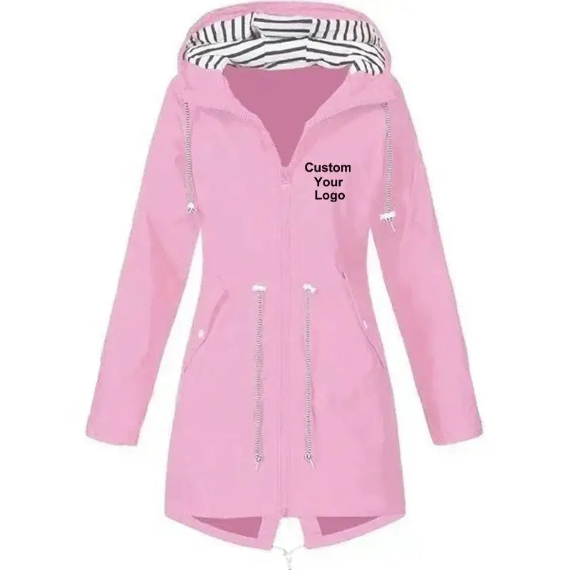 New Women Custom Your Logo Windproof Waterproof Jacket Long Sleeve Coat Casual Rain Coat Sunset Raincoat - Pink / XXXL