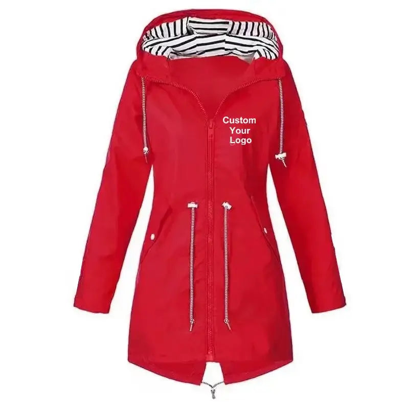 New Women Custom Your Logo Windproof Waterproof Jacket Long Sleeve Coat Casual Rain Coat Sunset Raincoat - Red / XXXL