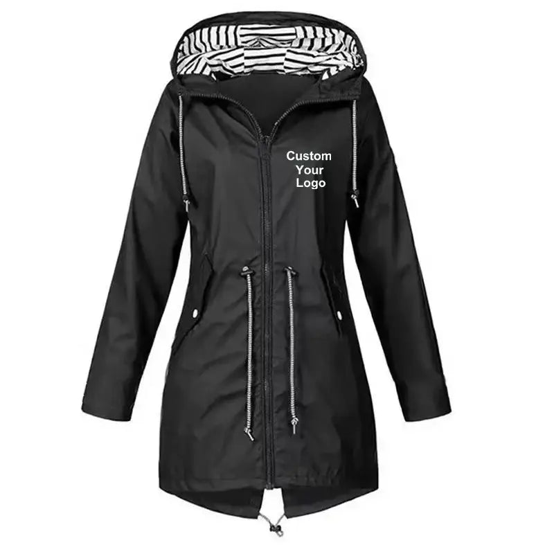 New Women Custom Your Logo Windproof Waterproof Jacket Long Sleeve Coat Casual Rain Coat Sunset Raincoat - black / XXXL