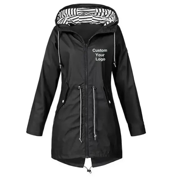Women’s Windproof Waterproof Rain Jacket – Custom Logo Long Sleeve Outdoor Coat - black / XXXL