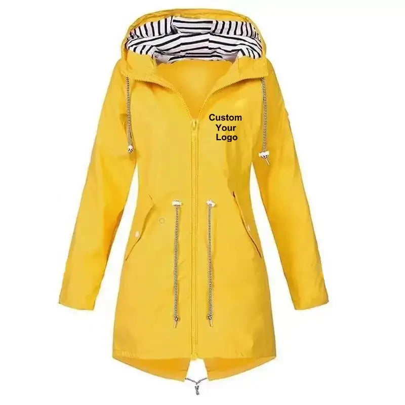 New Women Custom Your Logo Windproof Waterproof Jacket Long Sleeve Coat Casual Rain Coat Sunset Raincoat - Yellow / L