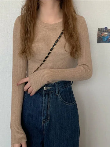 New Women’s Sweater – Autumn Winter Long Sleeve Pullover O-neck Knitted Jumper - One Size / Khaki