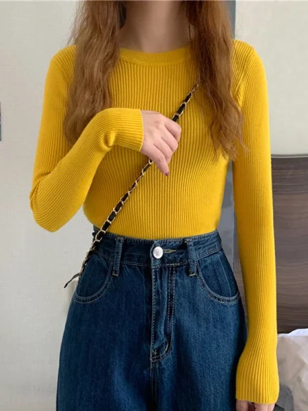 New Women’s Sweater – Autumn Winter Long Sleeve Pullover O-neck Knitted Jumper - One Size / Yellow