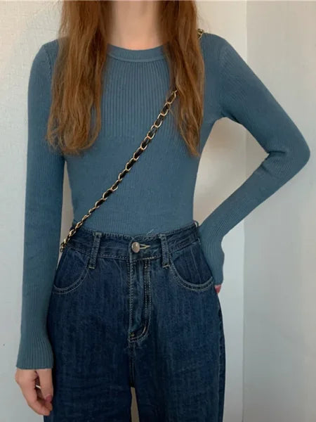 New Women’s Sweater – Autumn Winter Long Sleeve Pullover O-neck Knitted Jumper - One Size / Mist blue