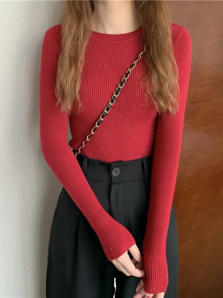 New Women’s Sweater – Autumn Winter Long Sleeve Pullover O-neck Knitted Jumper - One Size / Red