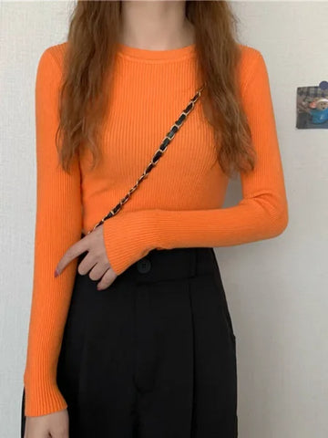 New Women’s Sweater – Autumn Winter Long Sleeve Pullover O-neck Knitted Jumper - One Size / pumpkin