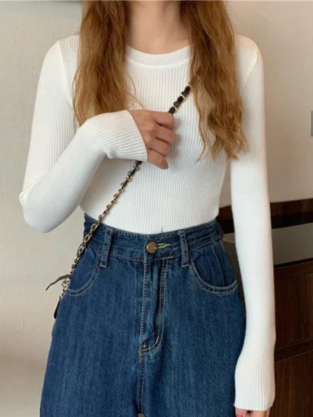 New Women’s Sweater – Autumn Winter Long Sleeve Pullover O-neck Knitted Jumper - One Size / WHITE