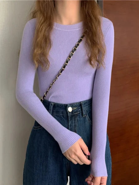 New Women’s Sweater – Autumn Winter Long Sleeve Pullover O-neck Knitted Jumper - One Size / PURPLE