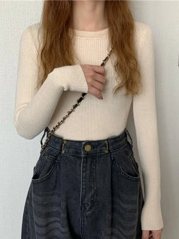 New Women’s Sweater – Autumn Winter Long Sleeve Pullover O-neck Knitted Jumper - One Size / Beige