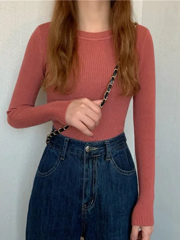 New Women’s Sweater – Autumn Winter Long Sleeve Pullover O-neck Knitted Jumper - One Size / Brick red