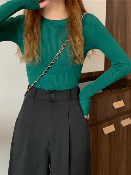 New Women’s Sweater – Autumn Winter Long Sleeve Pullover O-neck Knitted Jumper - One Size / Dark green