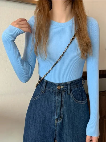 New Women’s Sweater – Autumn Winter Long Sleeve Pullover O-neck Knitted Jumper - One Size / SKY BLUE