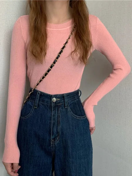 New Women’s Sweater – Autumn Winter Long Sleeve Pullover O-neck Knitted Jumper - One Size / Pink