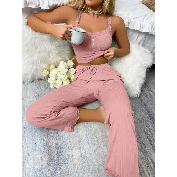 New Women’s two-piece pajama set with solid color lace edging sexy slim fit suspender and pants soft and comfortable