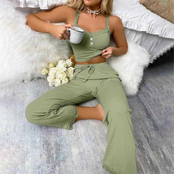New Women’s two-piece pajama set with solid color lace edging sexy slim fit suspender and pants soft and comfortable