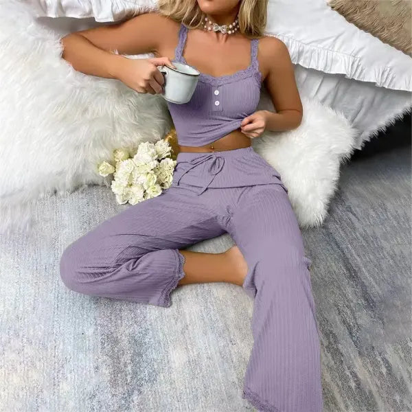 New Women’s two-piece pajama set with solid color lace edging sexy slim fit suspender and pants soft and comfortable